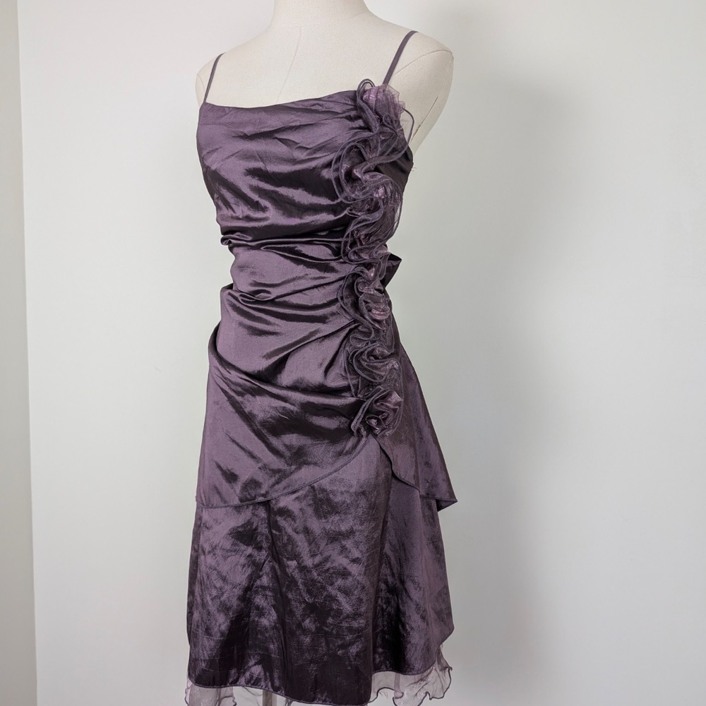 Vintage Purple Asymmetrical Ruffle Satin Dress - Picture 7 of 14